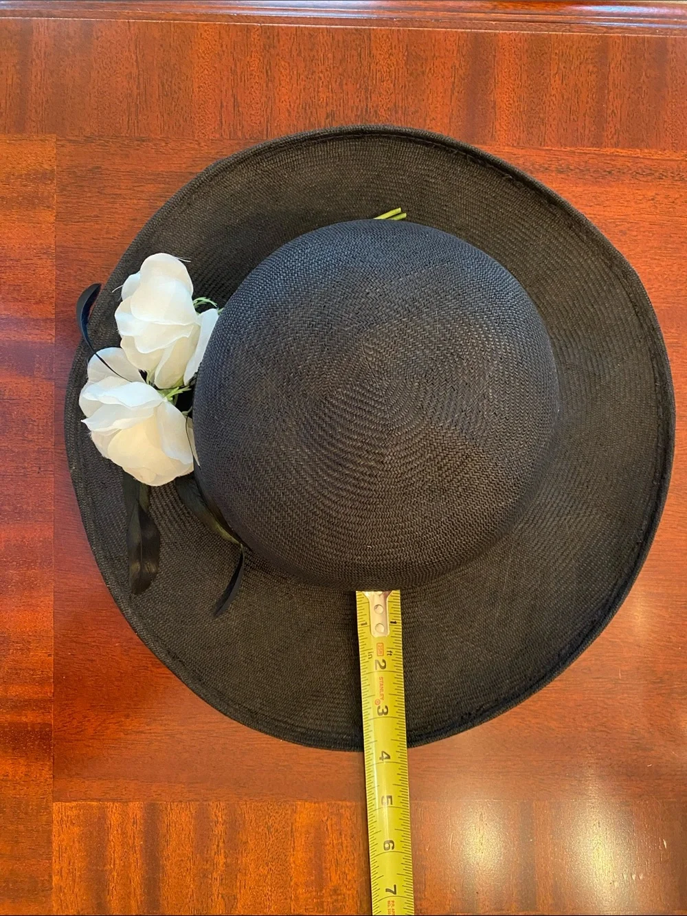 Vintage Miss Bierner Black Wide-Brim Dress Hat with Floral & Feather Accent